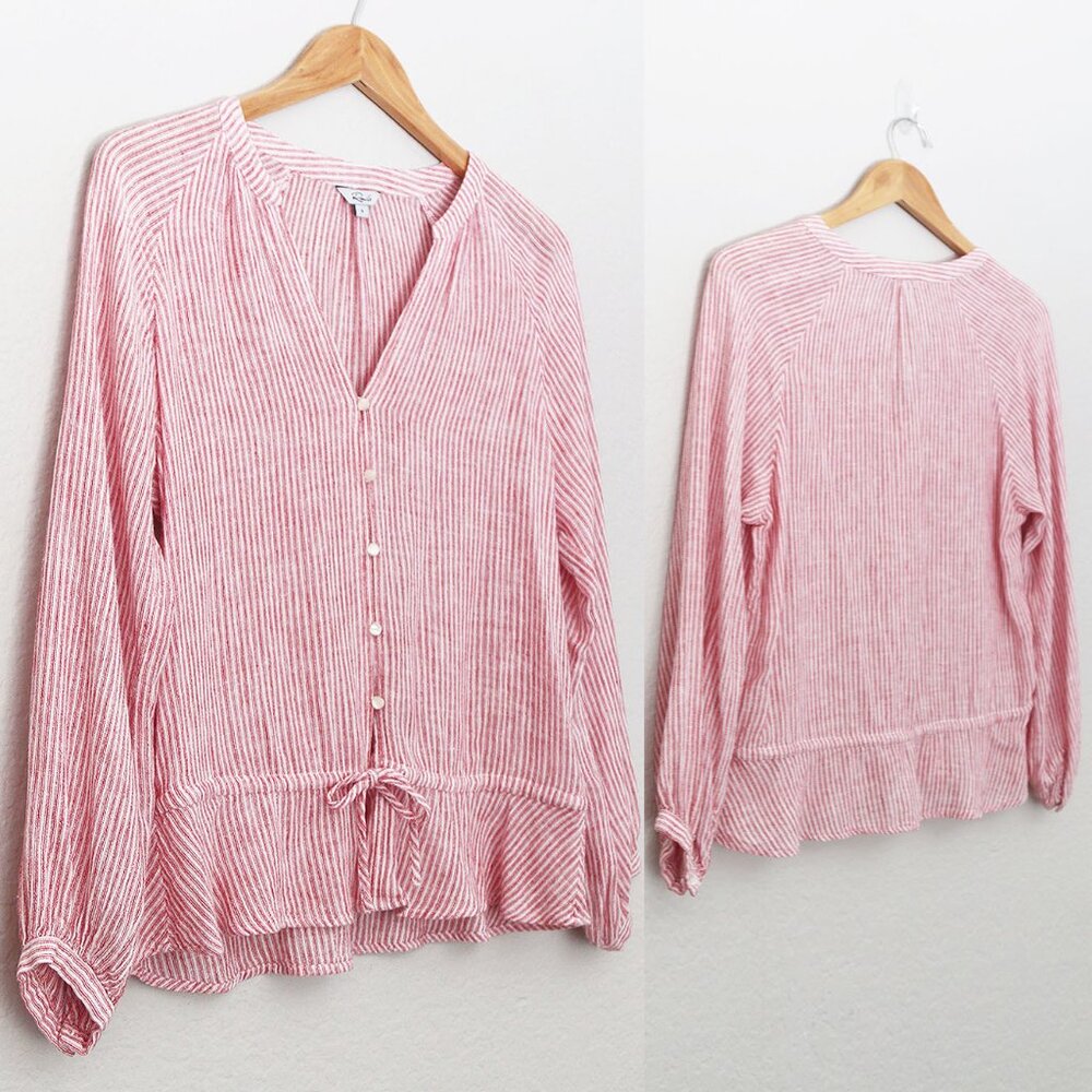 Rails Marti Scarlet Stripe Blouse S Linen Blend V Neck Tie Waist Coastal $158 - Picture 14 of 15